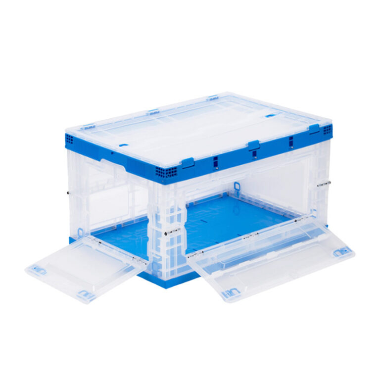 Clear folding storage box with blue frame and open side doors