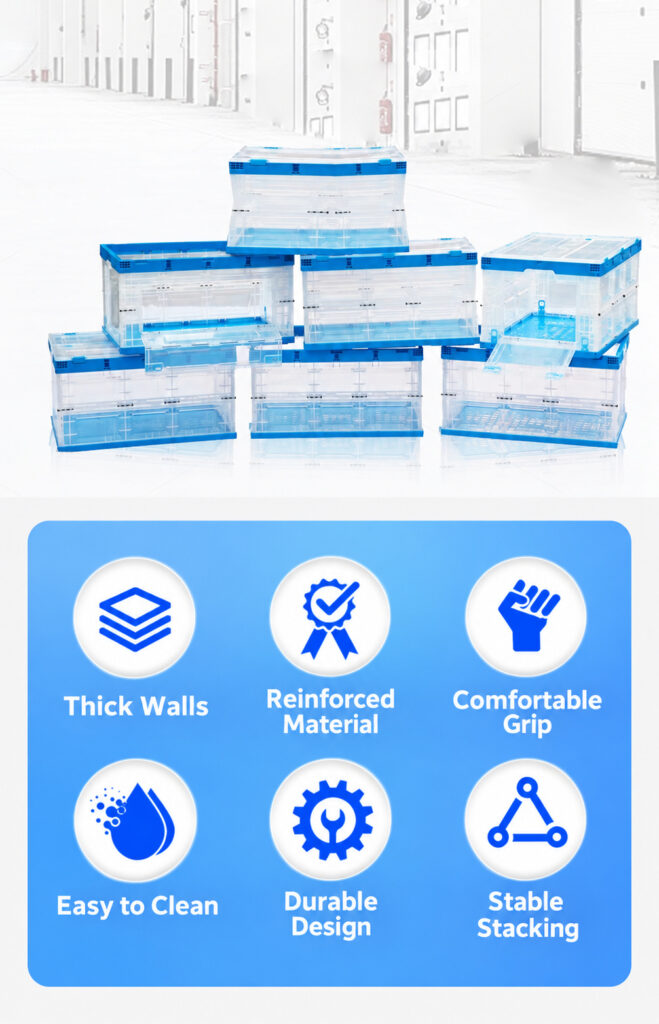 Clear folding box features: reinforced walls, grip, cleaning and stacking
