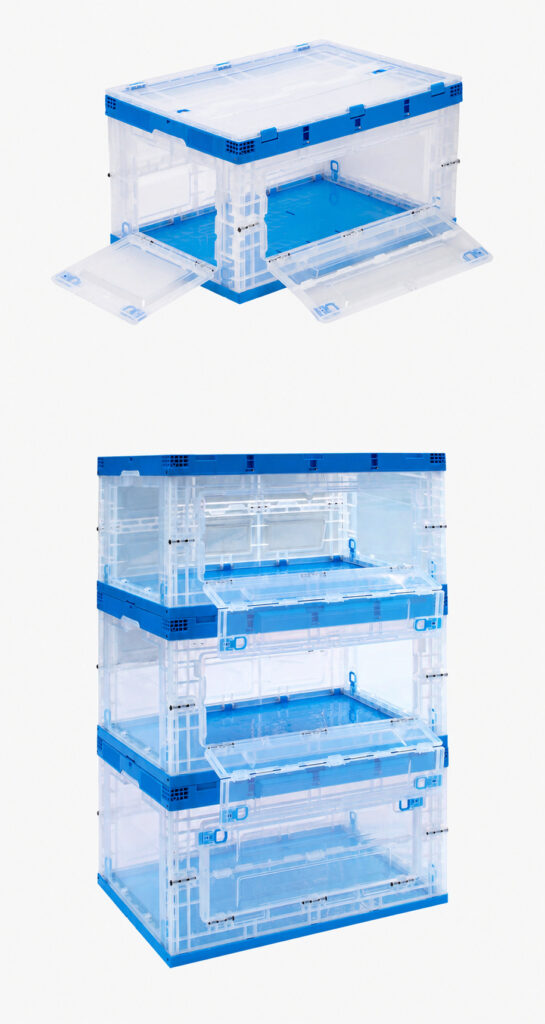 Clear storage box side access and stacked product views