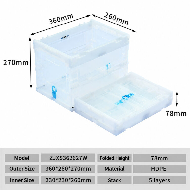 ZJXS362627W clear folding box dimension drawing, 360 × 260 × 270 mm